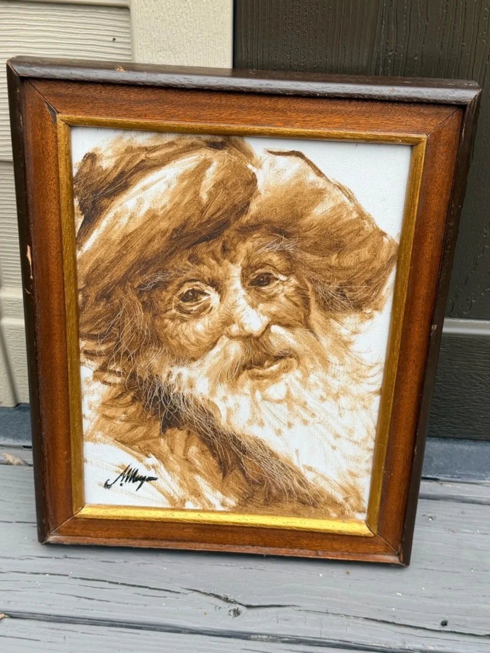Vintage Framed Portrait signed textile painting European decor old world neutral